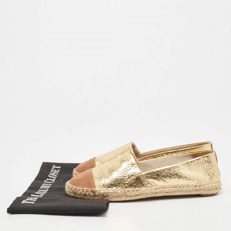 Pre Owned Tory Burch Gold/Brown Leather Espadrille Flats Size 38.5