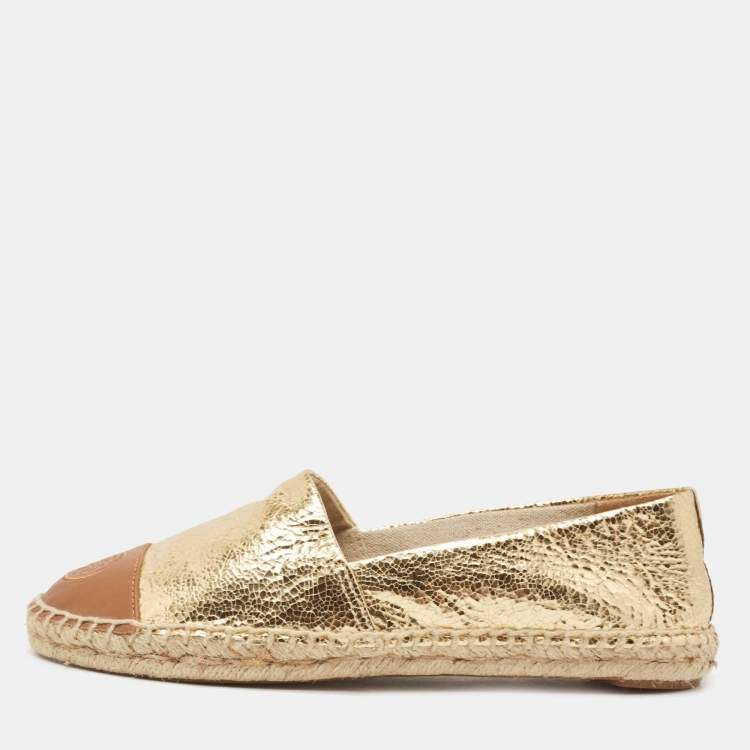 Tory Burch Gold/Brown Leather Espadrille Flats Size 38.5 Tory