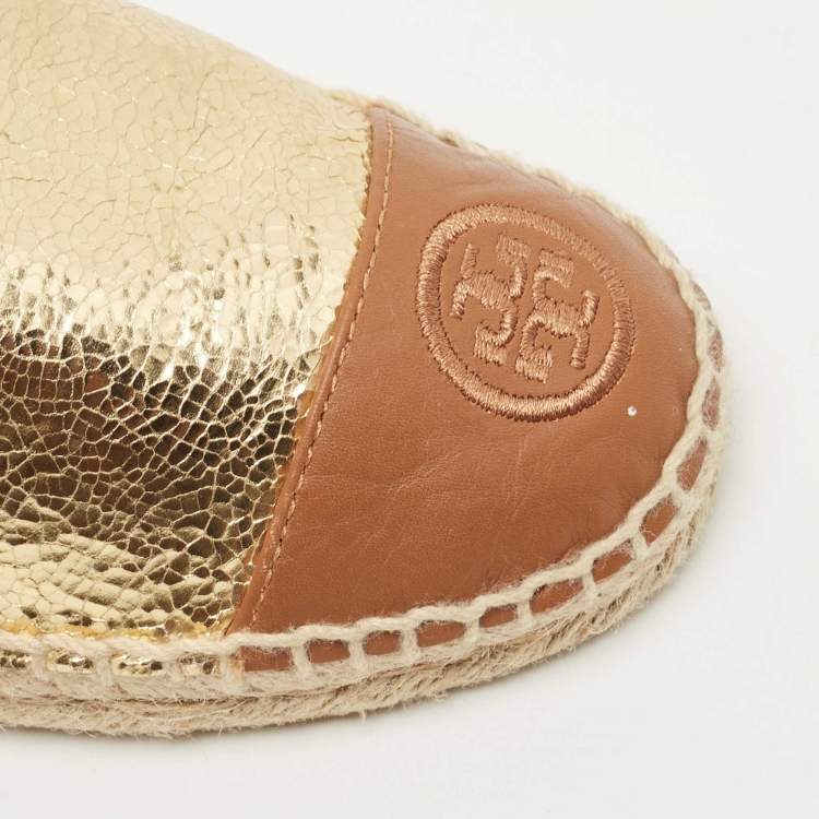 Pre Owned Tory Burch Gold/Brown Leather Espadrille Flats Size 38.5