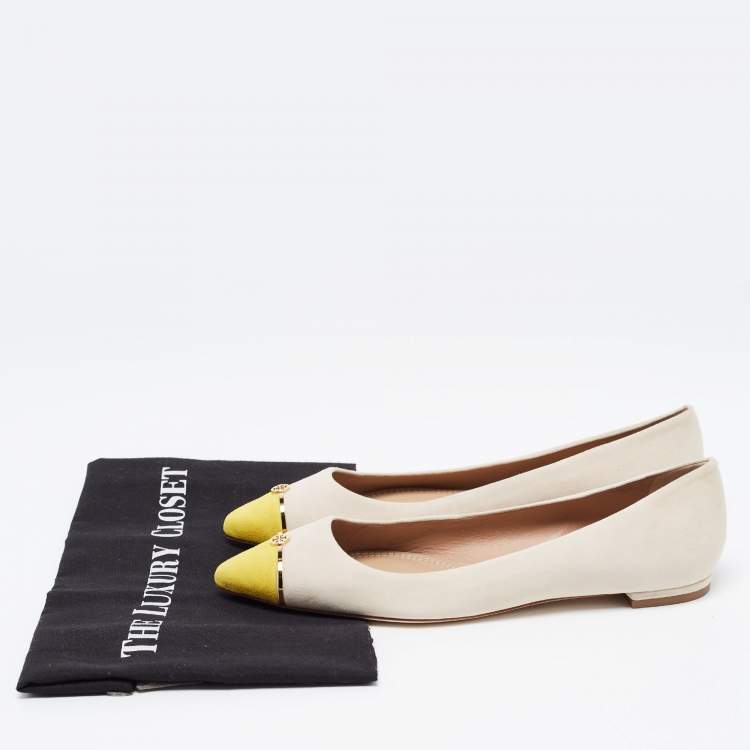 Pre Owned Tory Burch Beige/Yellow Suede Ballet Flats Size 38.5