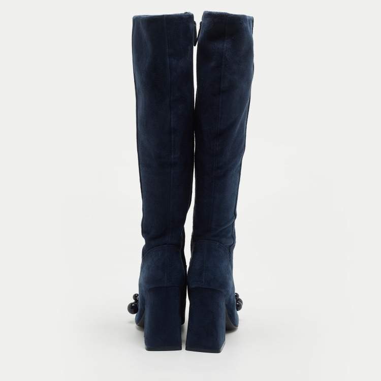 Pre Owned Tory Burch Navy Blue Suede Knee Length Boots Size 37