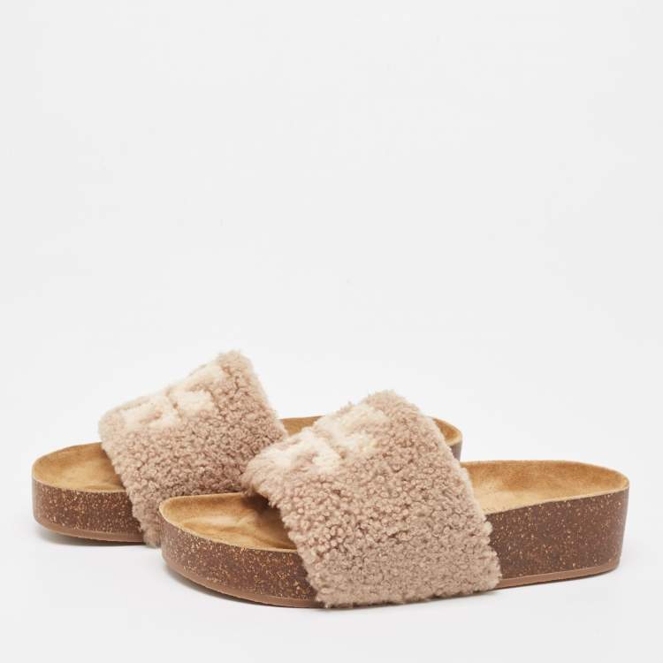 Pre Owned Tory Burch Brown Double T Shearling Fur Flat Slides Size 40