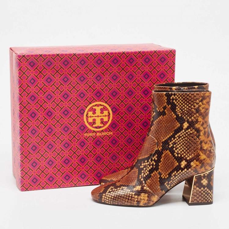 Pre Owned Tory Burch Brown Python Embossed Leather Ankle Boots Size 37.5