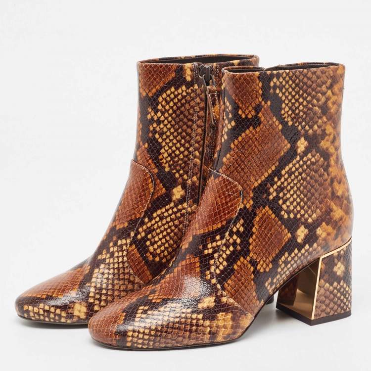Pre Owned Tory Burch Brown Python Embossed Leather Ankle Boots Size 37.5