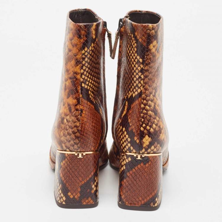 Pre Owned Tory Burch Brown Python Embossed Leather Ankle Boots Size 37.5