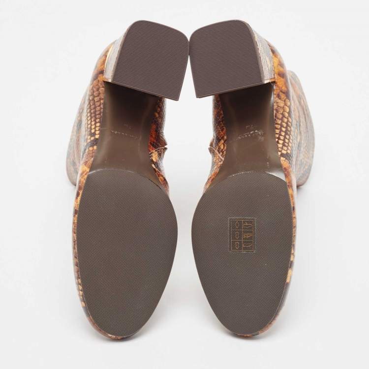 Pre Owned Tory Burch Brown Python Embossed Leather Ankle Boots Size 37.5
