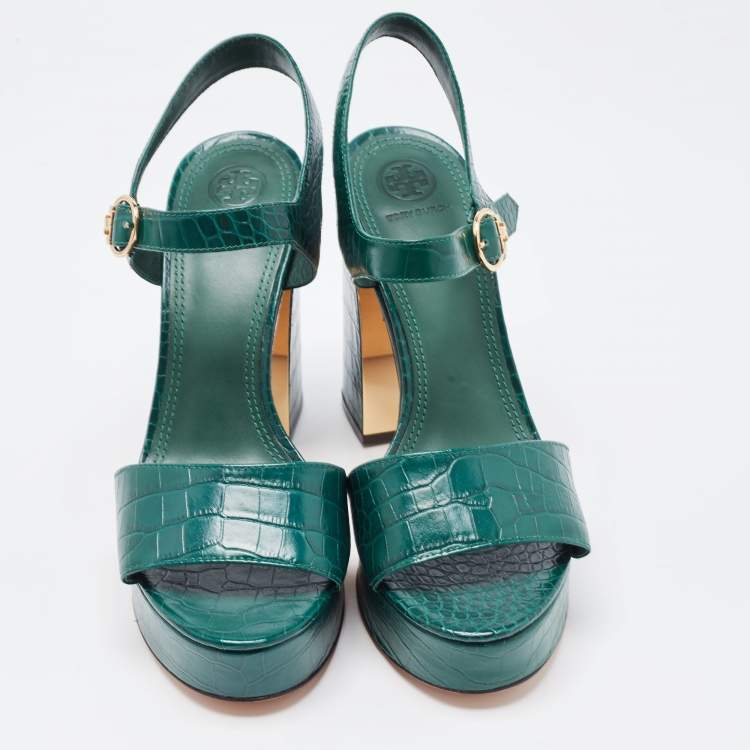 Pre Owned Tory Burch Green Croc Embossed Leather Martine Platform Sandals Size 40