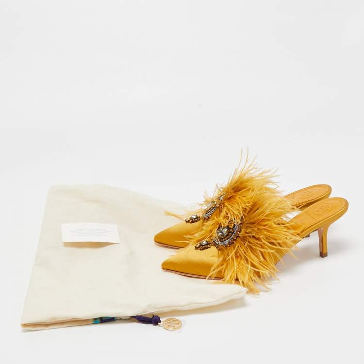 Pre Owned Tory Burch Mustard Yellow Satin and Feather Elodie Embellished Mules Size 36.5