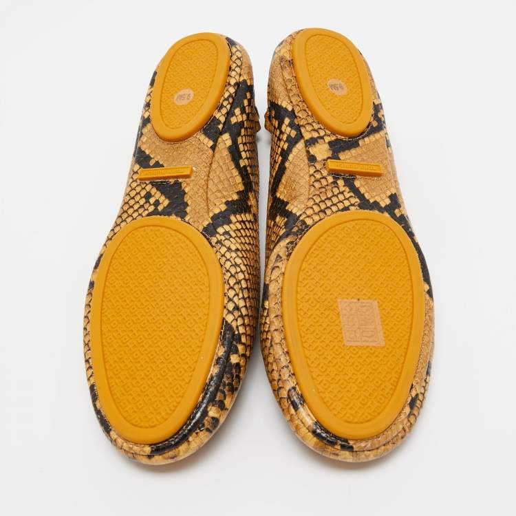 Pre Owned Tory Burch Yellow/Brown Python Embossed Minnie Ballet Flats Size 39.5