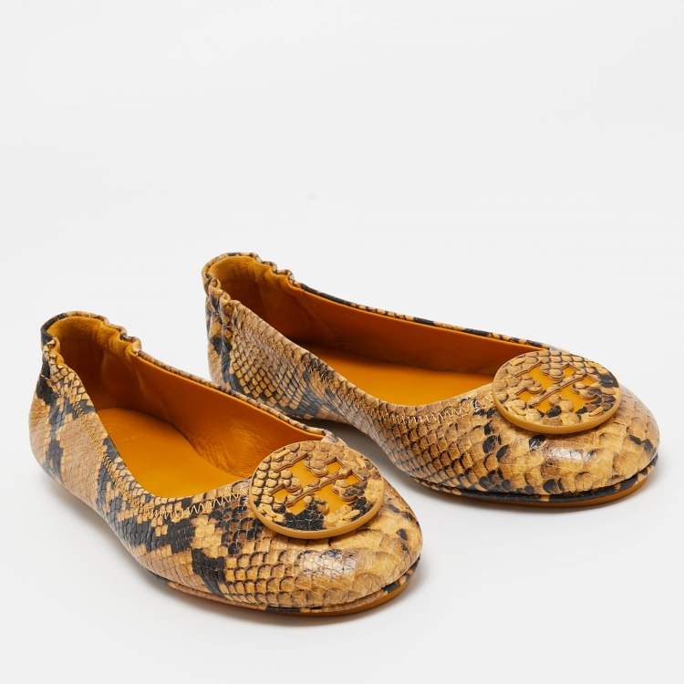 Pre Owned Tory Burch Yellow/Brown Python Embossed Minnie Ballet Flats Size 39.5