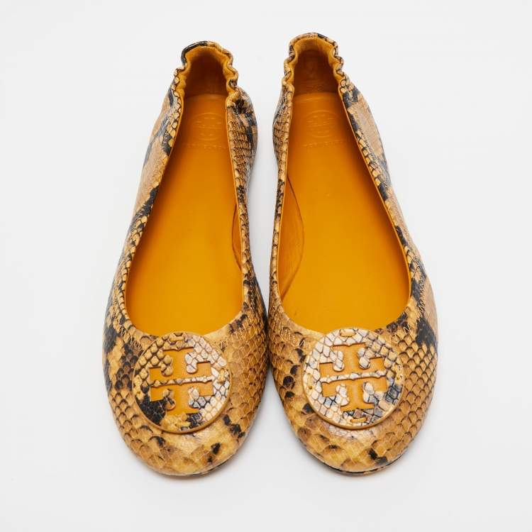 Pre Owned Tory Burch Yellow/Brown Python Embossed Minnie Ballet Flats Size 39.5