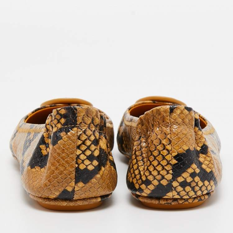 Pre Owned Tory Burch Yellow/Brown Python Embossed Minnie Ballet Flats Size 39.5