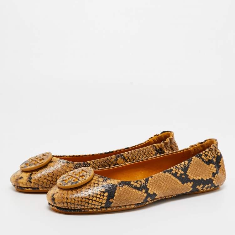 Pre Owned Tory Burch Yellow/Brown Python Embossed Minnie Ballet Flats Size 39.5