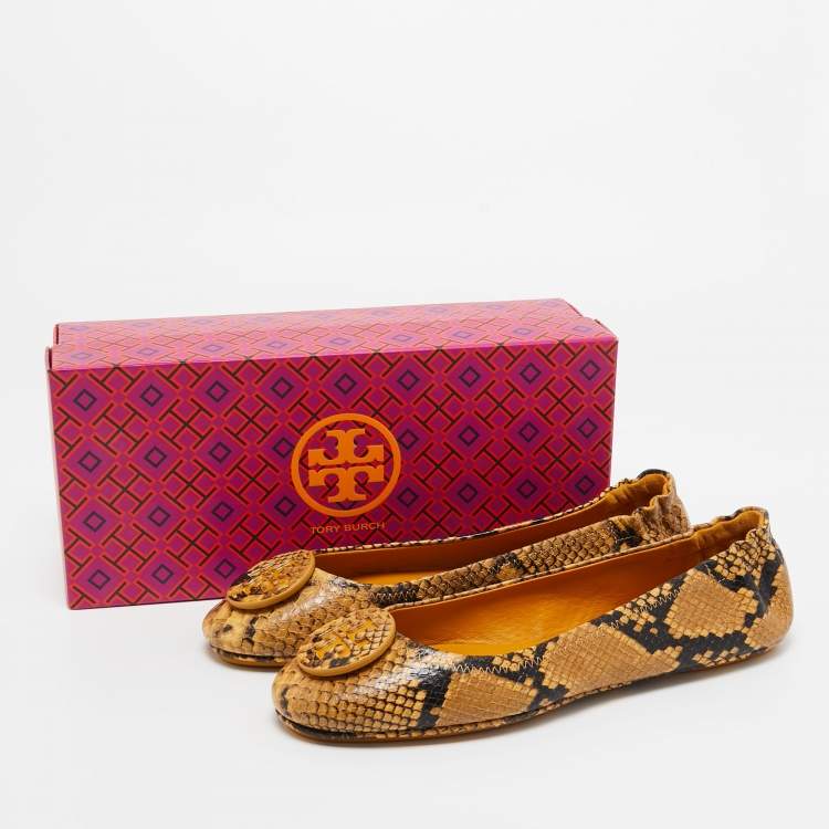 Pre Owned Tory Burch Yellow/Brown Python Embossed Minnie Ballet Flats Size 39.5