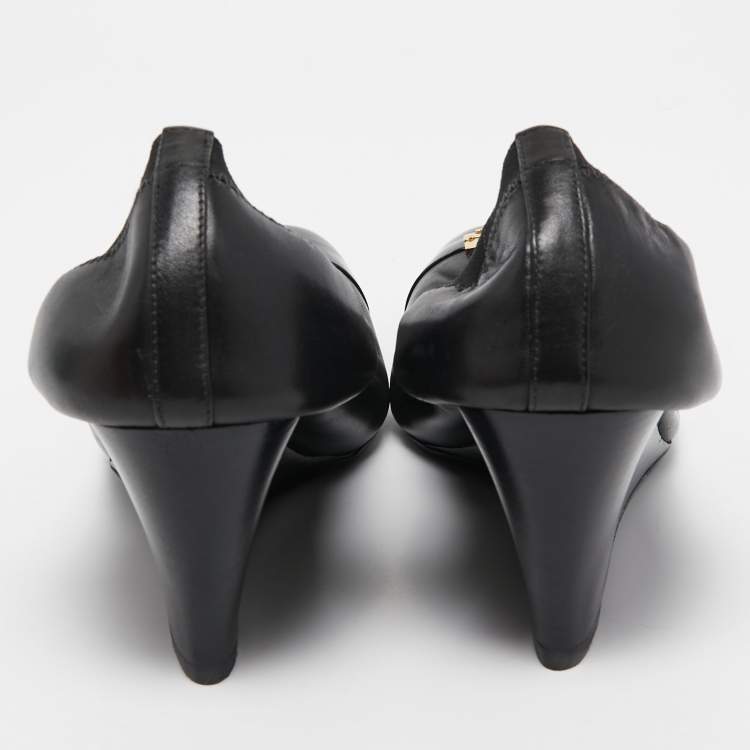 Pre Owned Tory Burch Black Leather Jolie Wedge Pumps Size 40