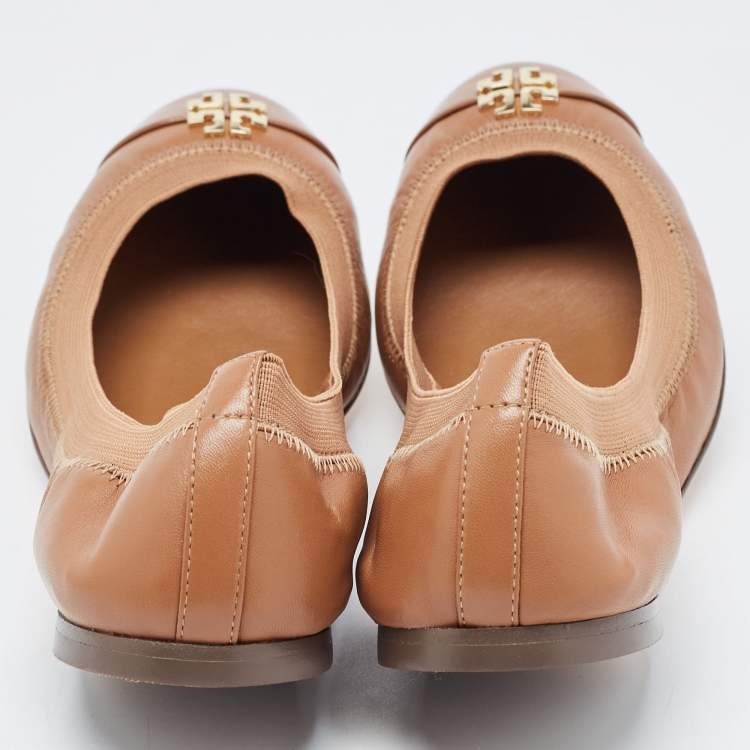 Pre Owned Tory Burch Brown Patent and Leather Jolie Scrunch Ballet Flats Size 39.5
