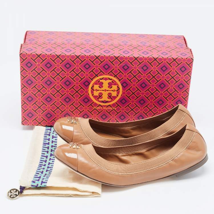 Pre Owned Tory Burch Brown Patent and Leather Jolie Scrunch Ballet Flats Size 39.5