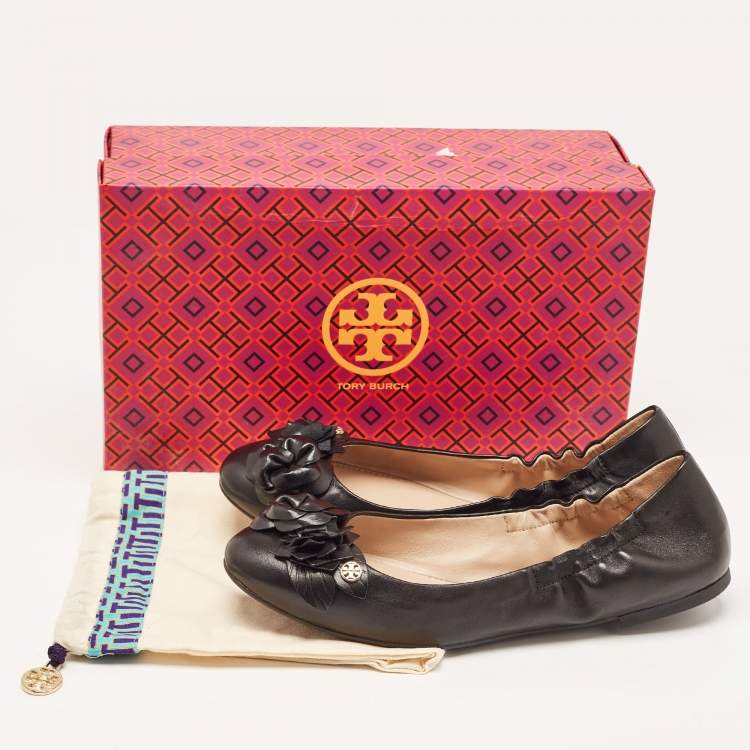 Pre Owned Tory Burch Black Leather Blossom Ballet Flats Size 39.5
