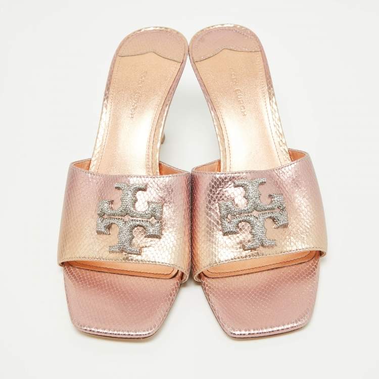 Pre Owned Tory Burch Rosegold Lizard Embossed Leather Ines Slides Size 39.5