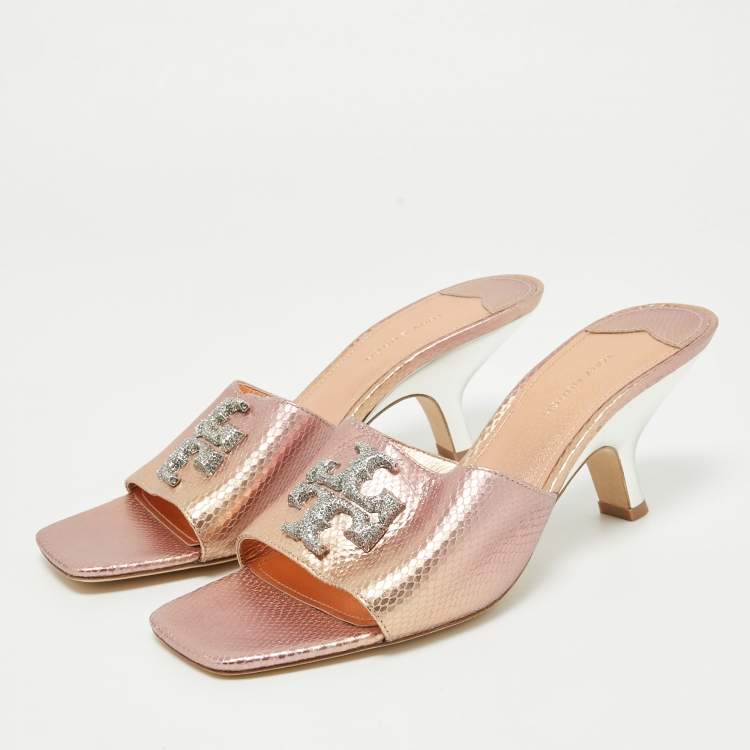 Pre Owned Tory Burch Rosegold Lizard Embossed Leather Ines Slides Size 39.5