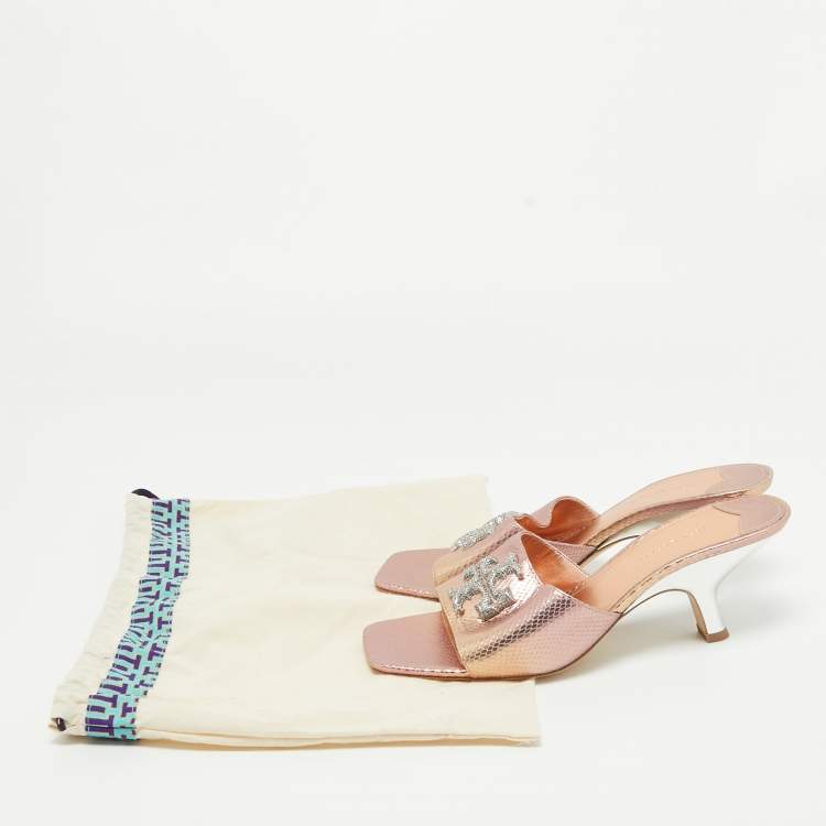 Pre Owned Tory Burch Rosegold Lizard Embossed Leather Ines Slides Size 39.5