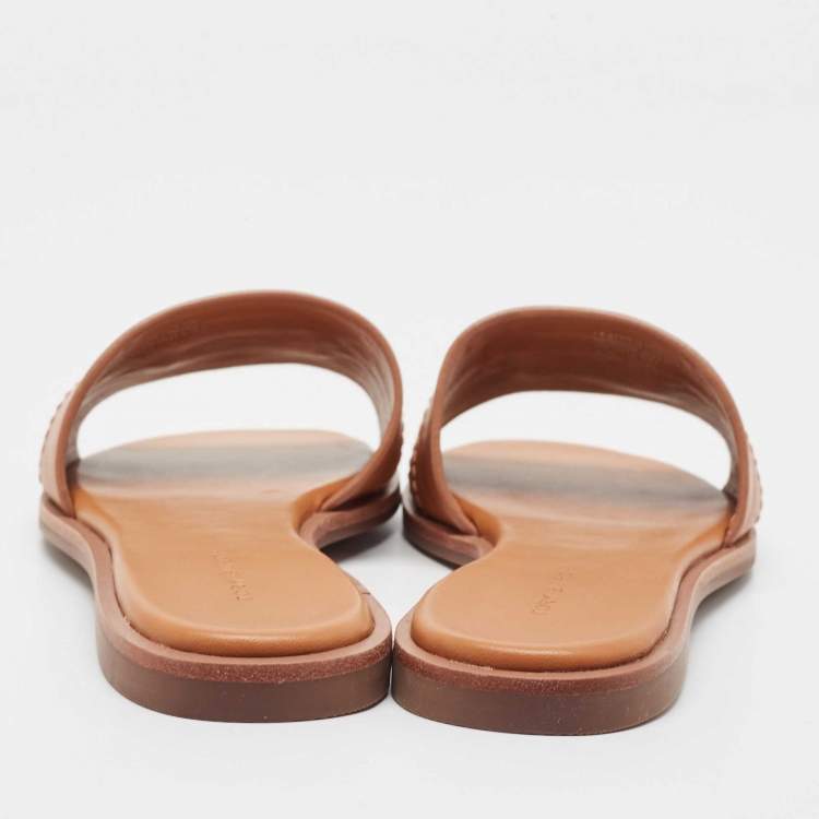 Pre Owned Tory Burch Brown Leather Everly Flat Slides Size 37.5