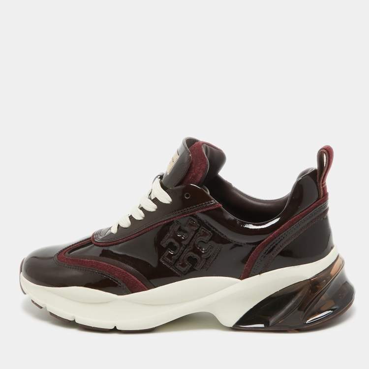 Pre Owned Tory Burch Burgundy Suede and Patent Leather Low Top Sneakers Size 39.5