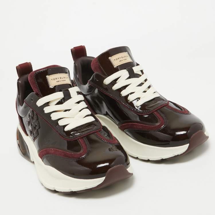 Pre Owned Tory Burch Burgundy Suede and Patent Leather Low Top Sneakers Size 39.5