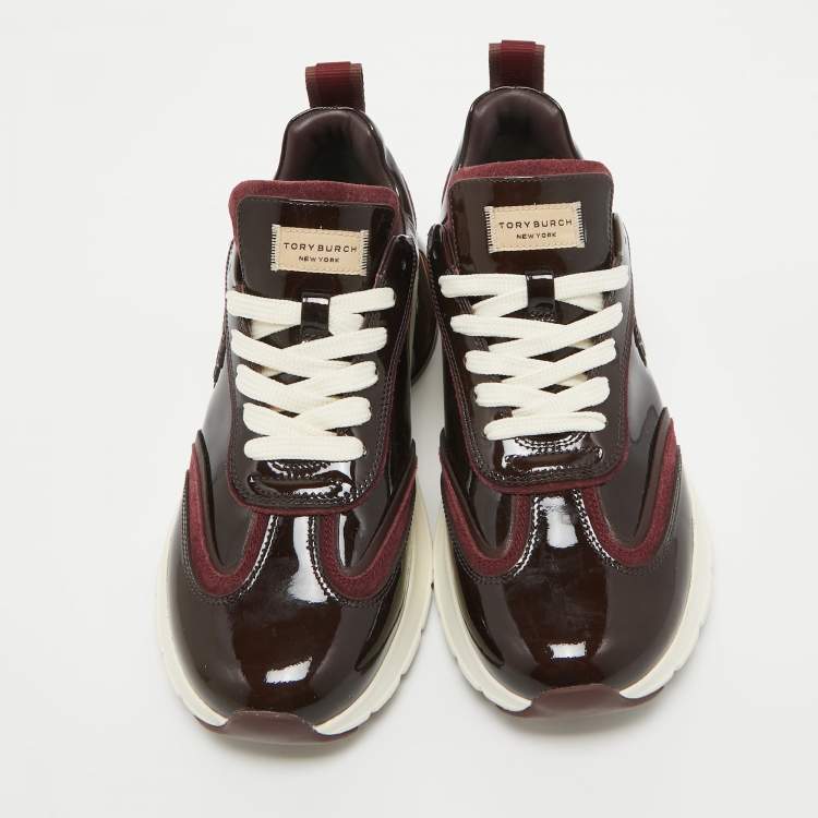 Pre Owned Tory Burch Burgundy Suede and Patent Leather Low Top Sneakers Size 39.5