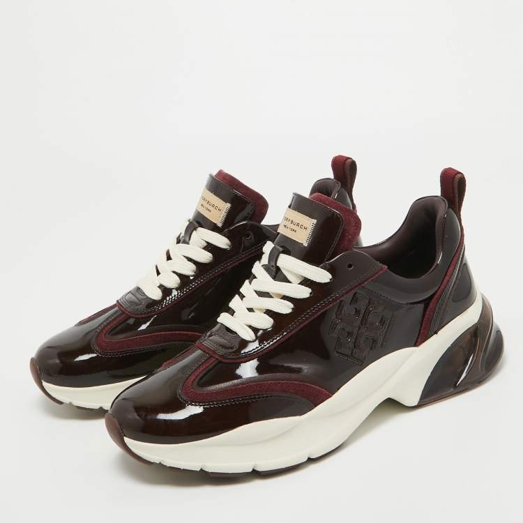 Pre Owned Tory Burch Burgundy Suede and Patent Leather Low Top Sneakers Size 39.5