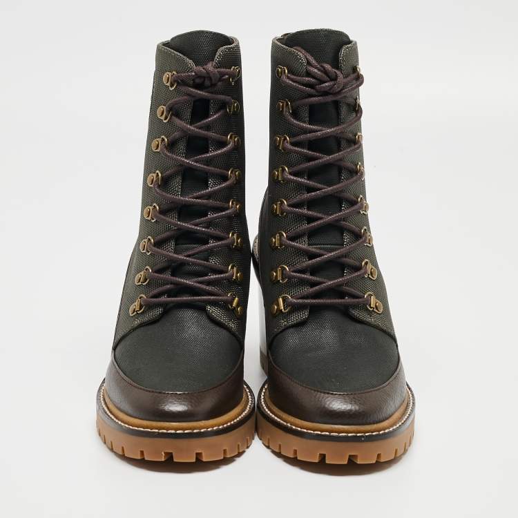 Pre Owned Tory Burch Brown/Green Leather and Nylon Miller Ankle Boots Size 39