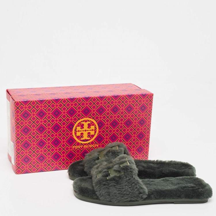 Pre Owned Tory Burch Green Shearling and Leather Flat Slides Size 39