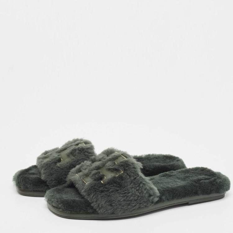 Pre Owned Tory Burch Green Shearling and Leather Flat Slides Size 39
