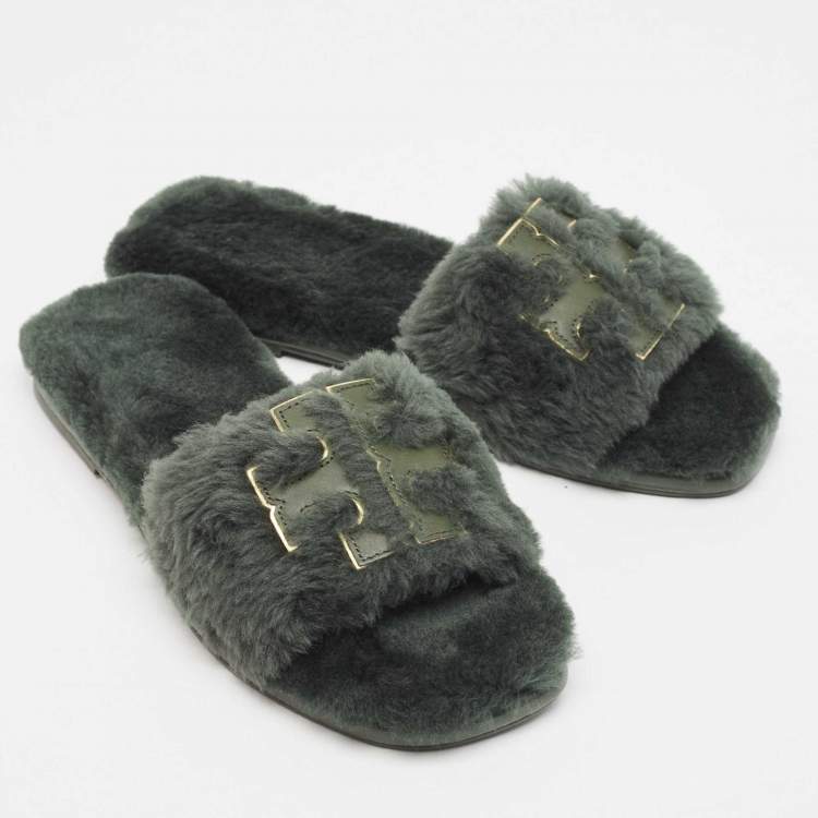 Pre Owned Tory Burch Green Shearling and Leather Flat Slides Size 39