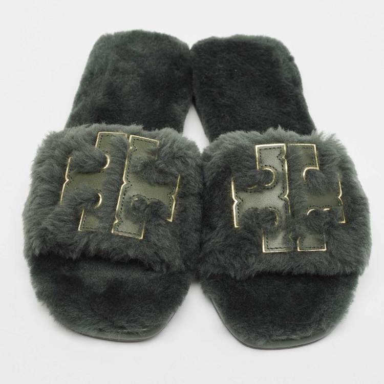 Pre Owned Tory Burch Green Shearling and Leather Flat Slides Size 39
