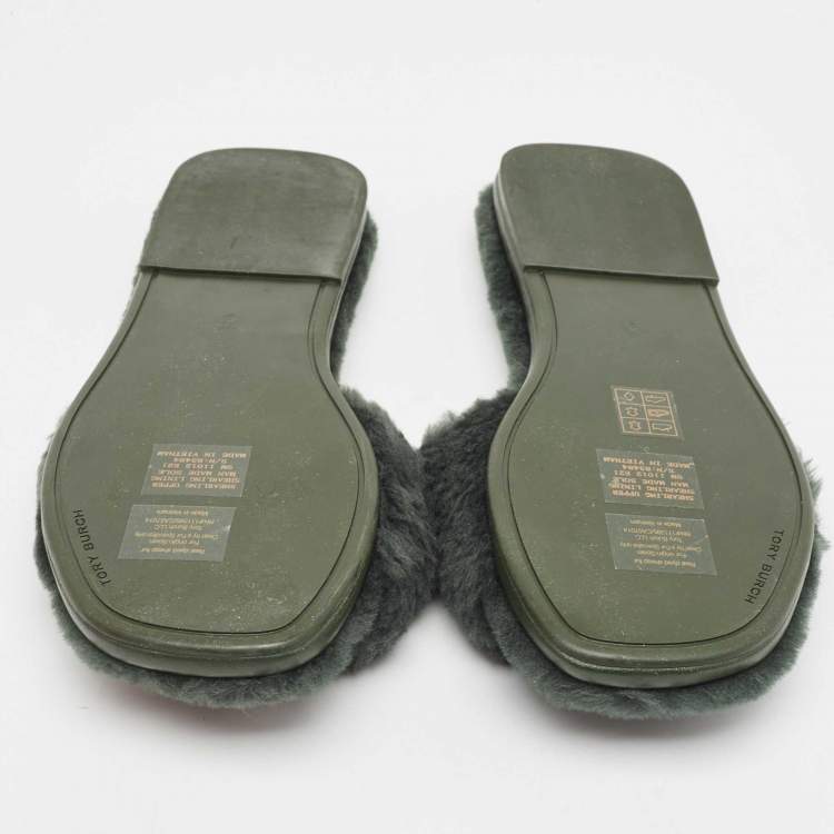 Pre Owned Tory Burch Green Shearling and Leather Flat Slides Size 39