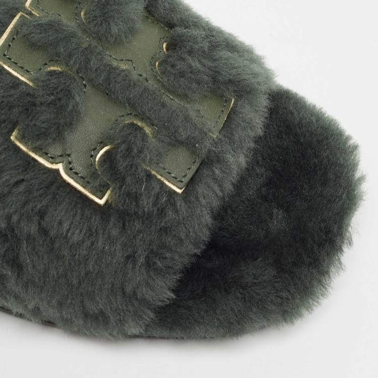 Pre Owned Tory Burch Green Shearling and Leather Flat Slides Size 39