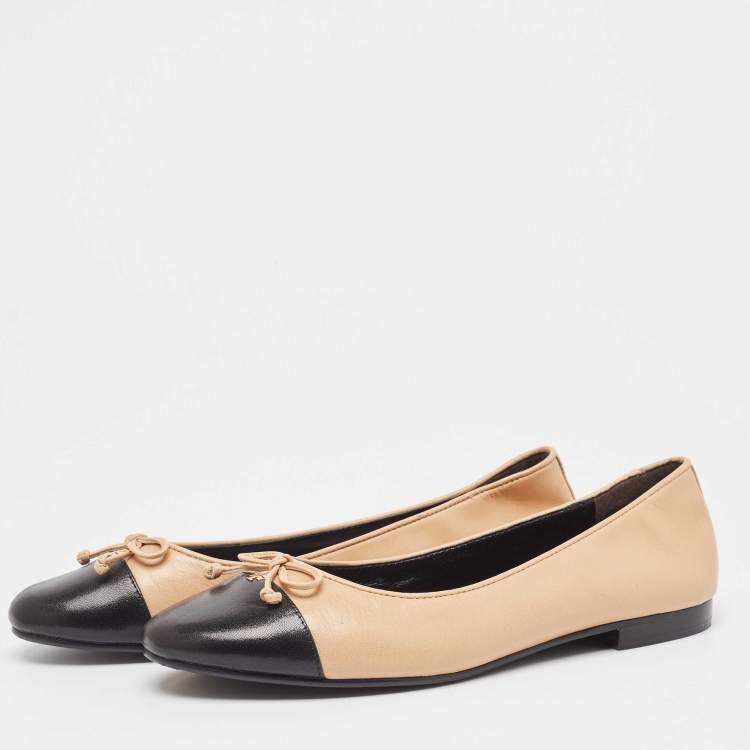 Pre Owned Tory Burch Beige Leather Cap Toe Ballet Flats Size 38.5