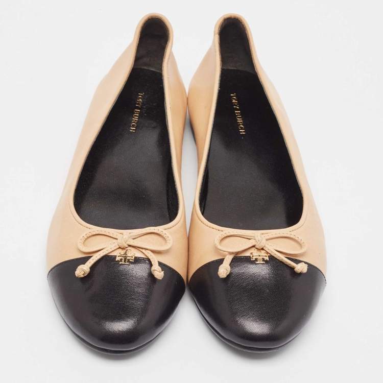 Pre Owned Tory Burch Beige Leather Cap Toe Ballet Flats Size 38.5