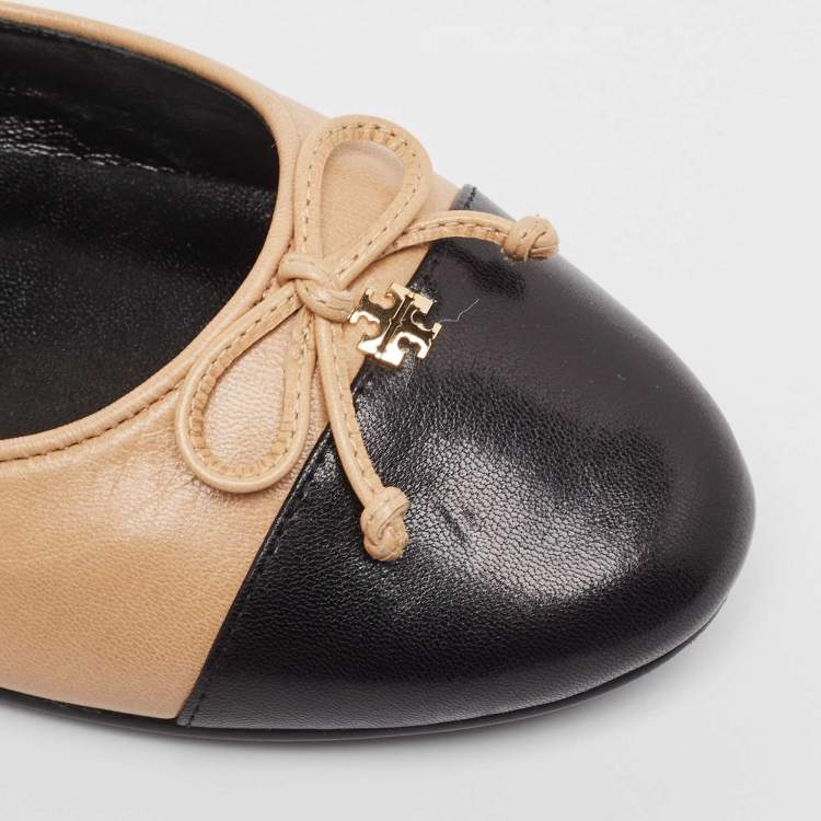 Pre Owned Tory Burch Beige Leather Cap Toe Ballet Flats Size 38.5