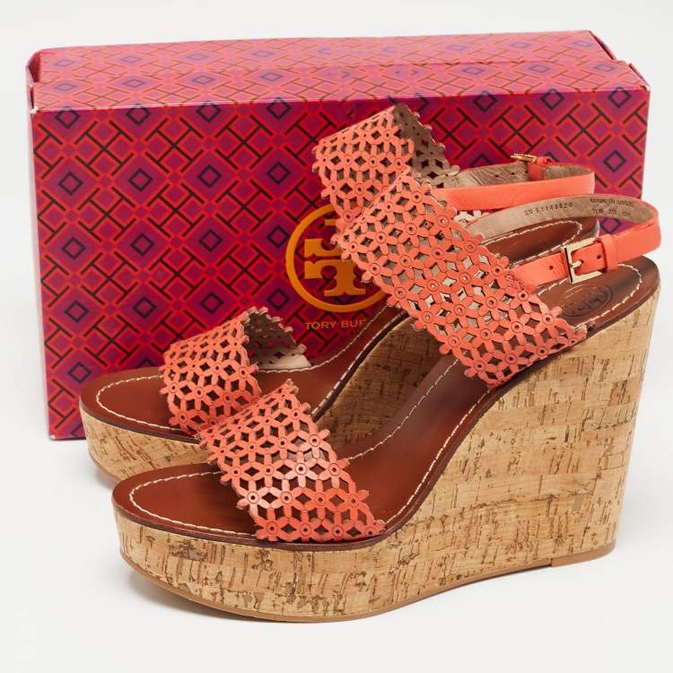 Pre Owned Tory Burch Orange Perforated Leather Daisy Cork Wedge Sandals Size 41.5