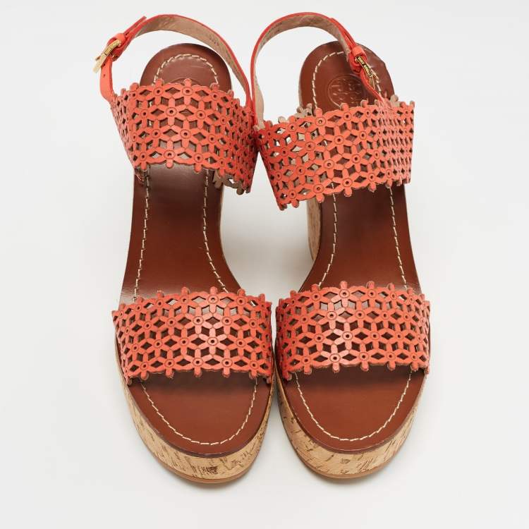 Pre Owned Tory Burch Orange Perforated Leather Daisy Cork Wedge Sandals Size 41.5