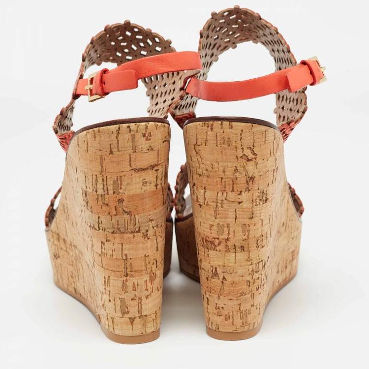 Pre Owned Tory Burch Orange Perforated Leather Daisy Cork Wedge Sandals Size 41.5