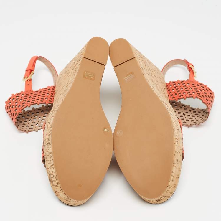 Pre Owned Tory Burch Orange Perforated Leather Daisy Cork Wedge Sandals Size 41.5