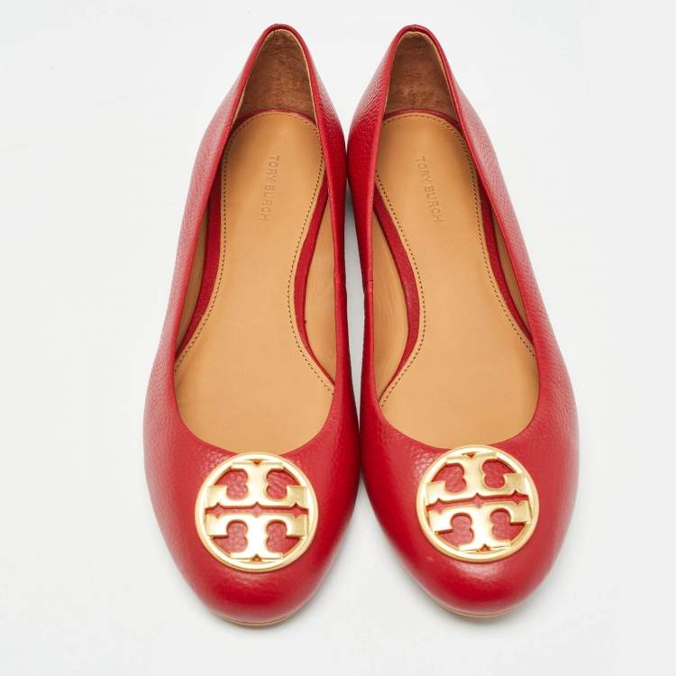 Pre Owned Tory Burch Red Leather Reva Ballet Flats Size 40