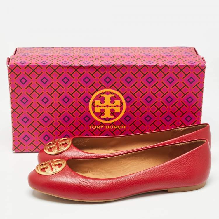 Pre Owned Tory Burch Red Leather Reva Ballet Flats Size 40