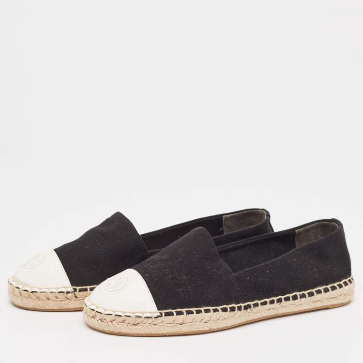 مملوكة مسبقًا Tory Burch Black/White Canvas and Leather Cap Toe Espadrille Flats Size 36