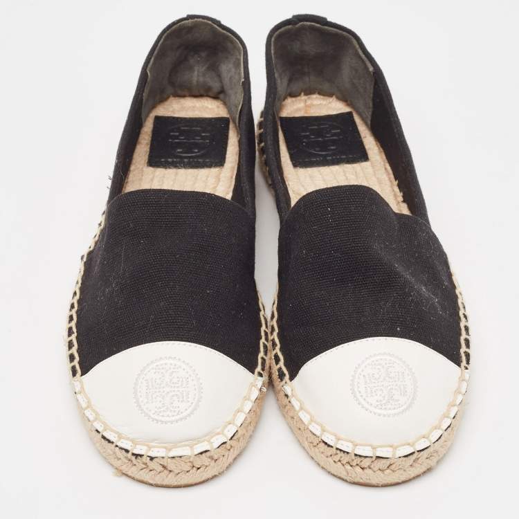 مملوكة مسبقًا Tory Burch Black/White Canvas and Leather Cap Toe Espadrille Flats Size 36