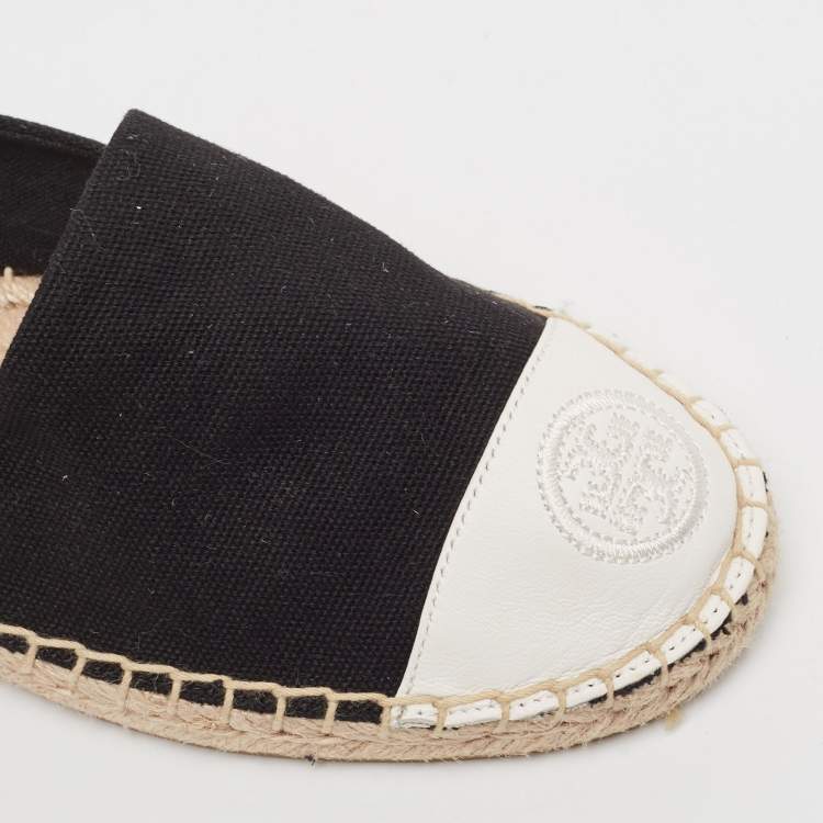 مملوكة مسبقًا Tory Burch Black/White Canvas and Leather Cap Toe Espadrille Flats Size 36