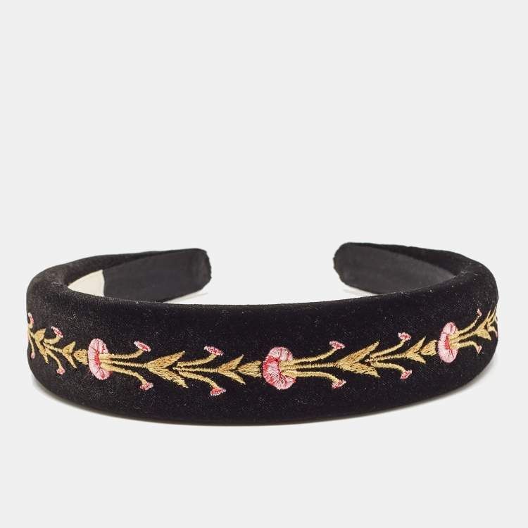 Pre Owned Tory Burch Black Floral Embroidered Velvet Hairband 